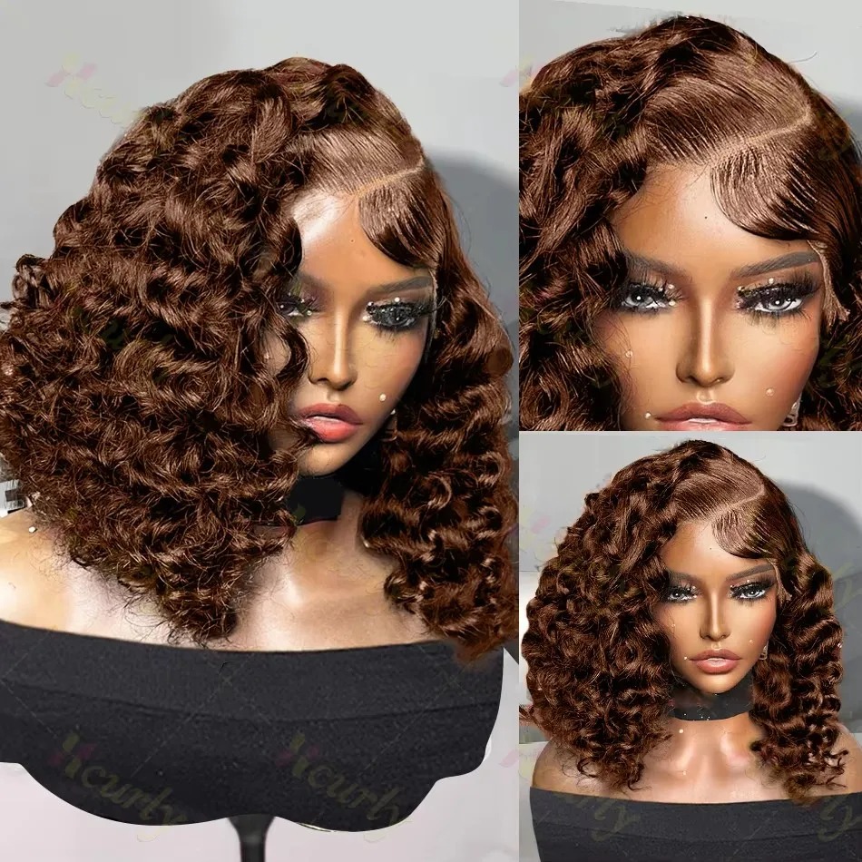Chocolate Brown Loose Wave Human Hair Wig Hd Lace Wig 13x4 Brown Human Hair Wig Preplucked Curly Short Bob Lace Frontal Wigs