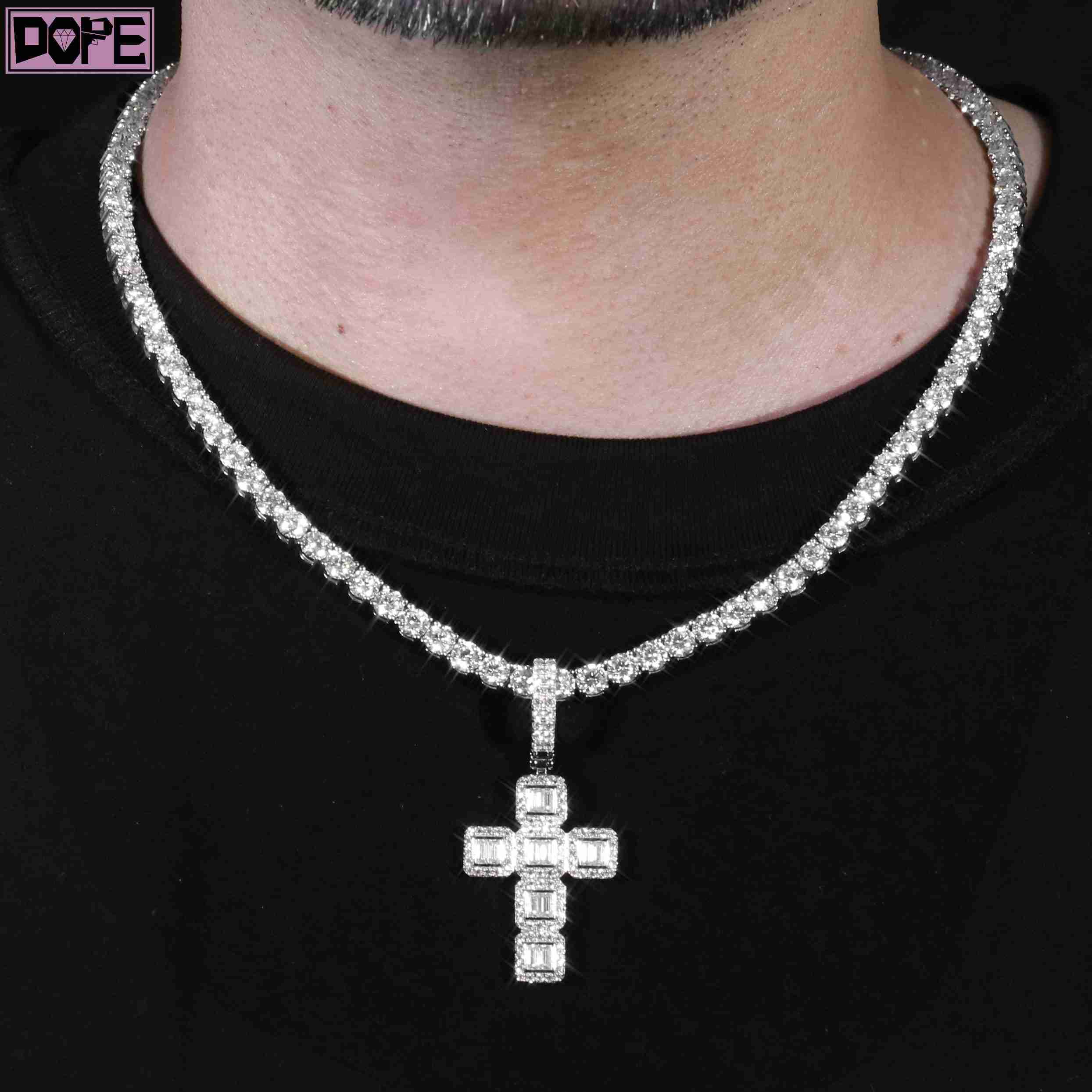 Moissanite Pendant Cluster 925 Silver Iced Out Hollow Back Small Cross Charm VVS Baguette Moissanite Pendant