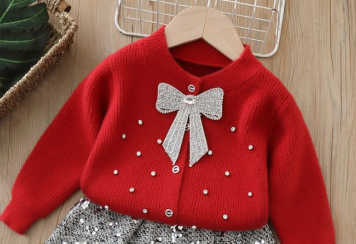 Childrens Sweater Twopiece Set for Girls Knitted Outfit with Skirt Sequin Bow Cardigan Long Sleeve H250919