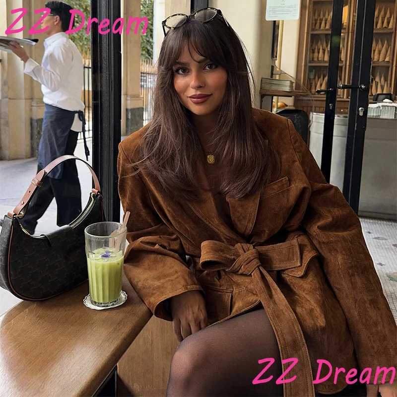 Womens Suede Jacket Solid TurnDown Collar Long Sleeve Coats Waistbelt Pockets Female 2025 New Autumn Fashion Casual Outwears Z250918