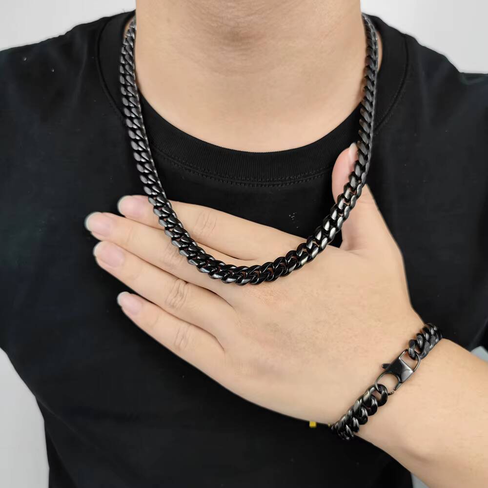 NUOYA 10MM Stainless Steel Black Plated Cuban Link Chain Men Gold Chains Hip Hop Style Miami Curb Necklace Custom Jewelry