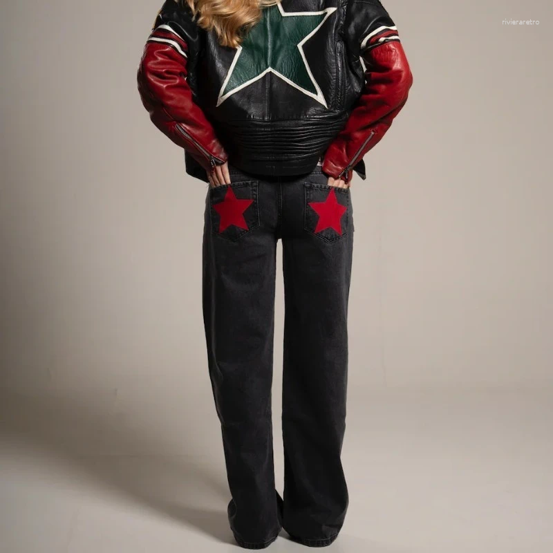 Women's Jeans Y2K Straight Leg Personalized Lucky Star Texture Retro Baggy Stylish High Street Willow Nail Low Waist Z260313