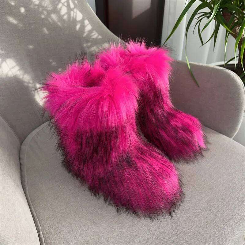 Women Winter Fluffy Furry Faux Fur Snow Woman Lace-up Platform Ankle Pink Ski Boots