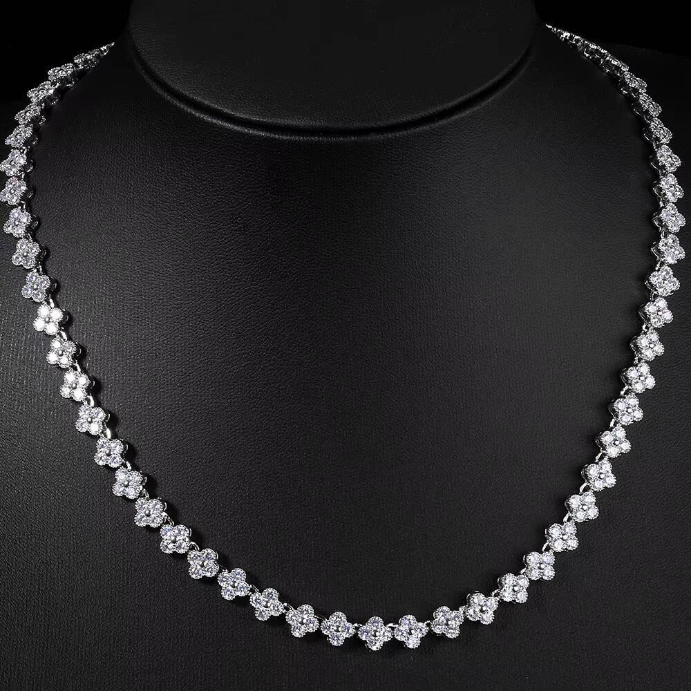 NUOYA Luxury Silver Plated Necklace for Women Four Leaf Clover Plum Blossom Design Iced Out Moissanite Hip Hop Jewelry