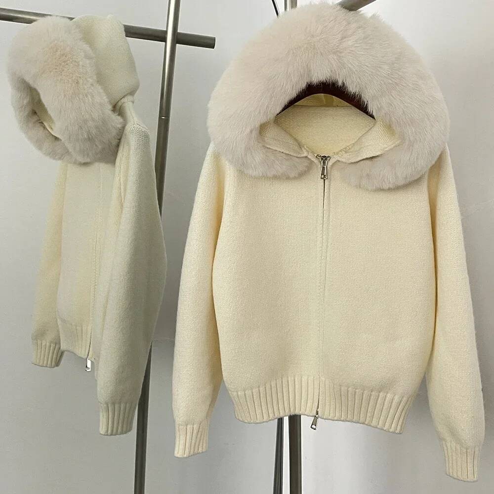 Women Hooded Faux Cardigan Spring Sweater Autumn Female Solid Fake Fur Knitting Coat Loose Knitwear Lady Oversized