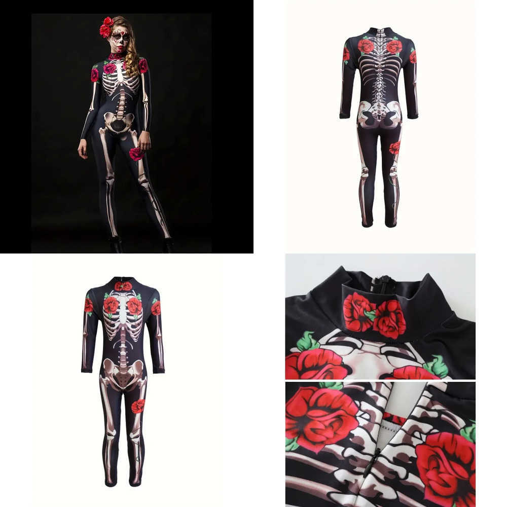 Halloween Girls Ghost Bride Theme Party Dress Costume Womens Skeleton Rose Pattern Printed Skeleton Long Sleeve Jumpsuit Party L250918VENO