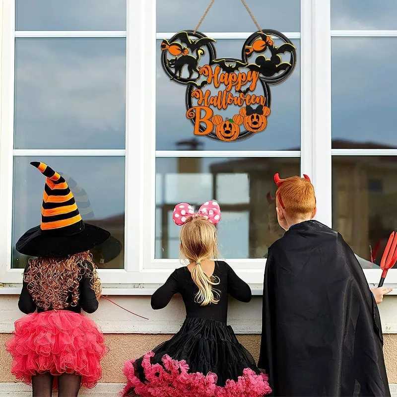 Happy Halloween Mouse Door Sign HollowOut Wooden Decor with Black Cat Mouse Bat Pumpkin BOO for Porch or Wall Hanging C250919