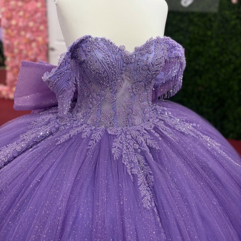 Lavender Shiny Quinceanera Dresses Off The Shoulder Lace Beading Bow Tiered Tull Party Birthday Sweet 16 Dress Vestidos De 15 Anos