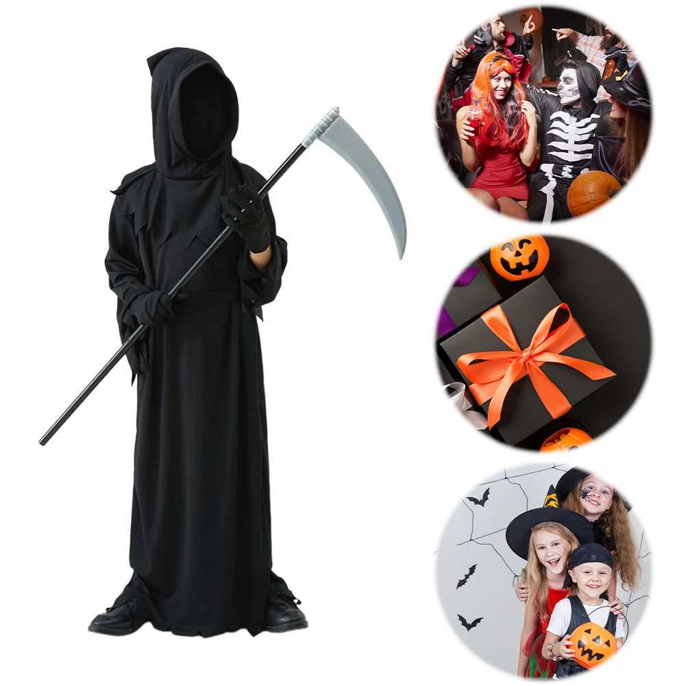 Halloween Cosplay Costume for Kids Scary Grim Reaper Skeleton Costume with Glowing Red Eyes Spooky Cos Robe Sickle Chain Props L250918