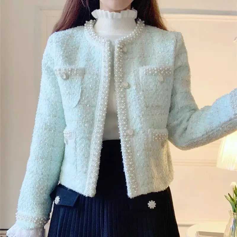 Women Coarse Tweeds Pearls Beaded Jacket Woolen Plaids Weaved Cardigan High Waist Rhinestones Beading Crystal Buttons Coat Tops Z250918