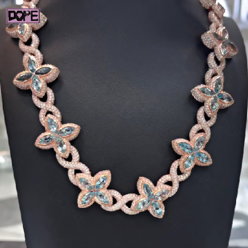 Hiphop 15mm Cuban Link Chain Infinity Flower Marquise Cut Clover 925 Silver VVS Moissanite Cuban Chain