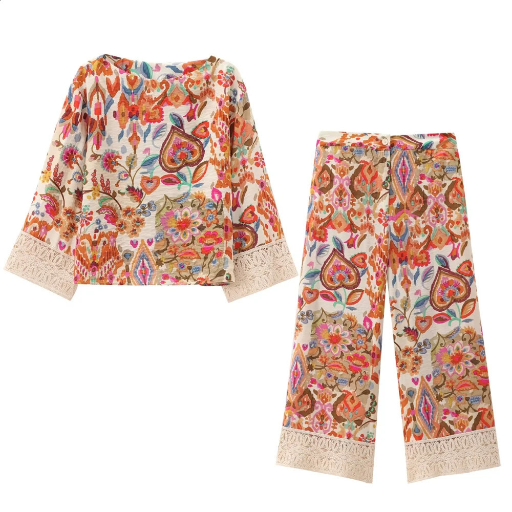 Zach Ailsa 2024 Summer Womens Vintage Lace Decoration Printed Short Top Loose Casual Straight pants Fashion Set 250917
