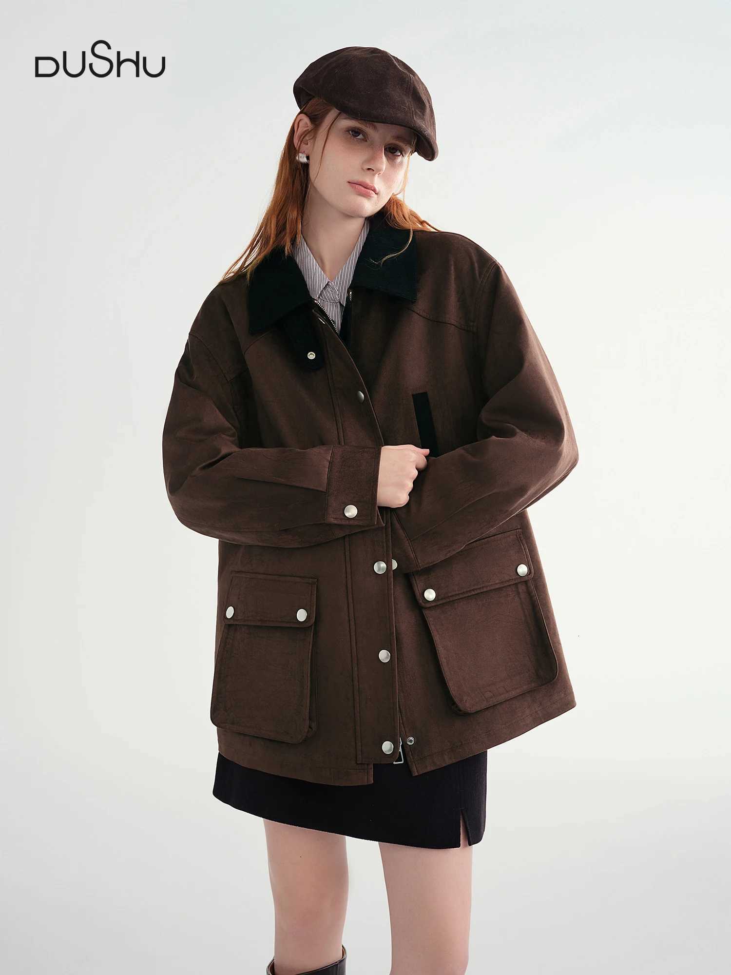 DUSHU Contrast Color Cropped Jacket Turn Down Collar Loose Autumn and Winter Jacket British Style Retro Coffee Chic Z250918