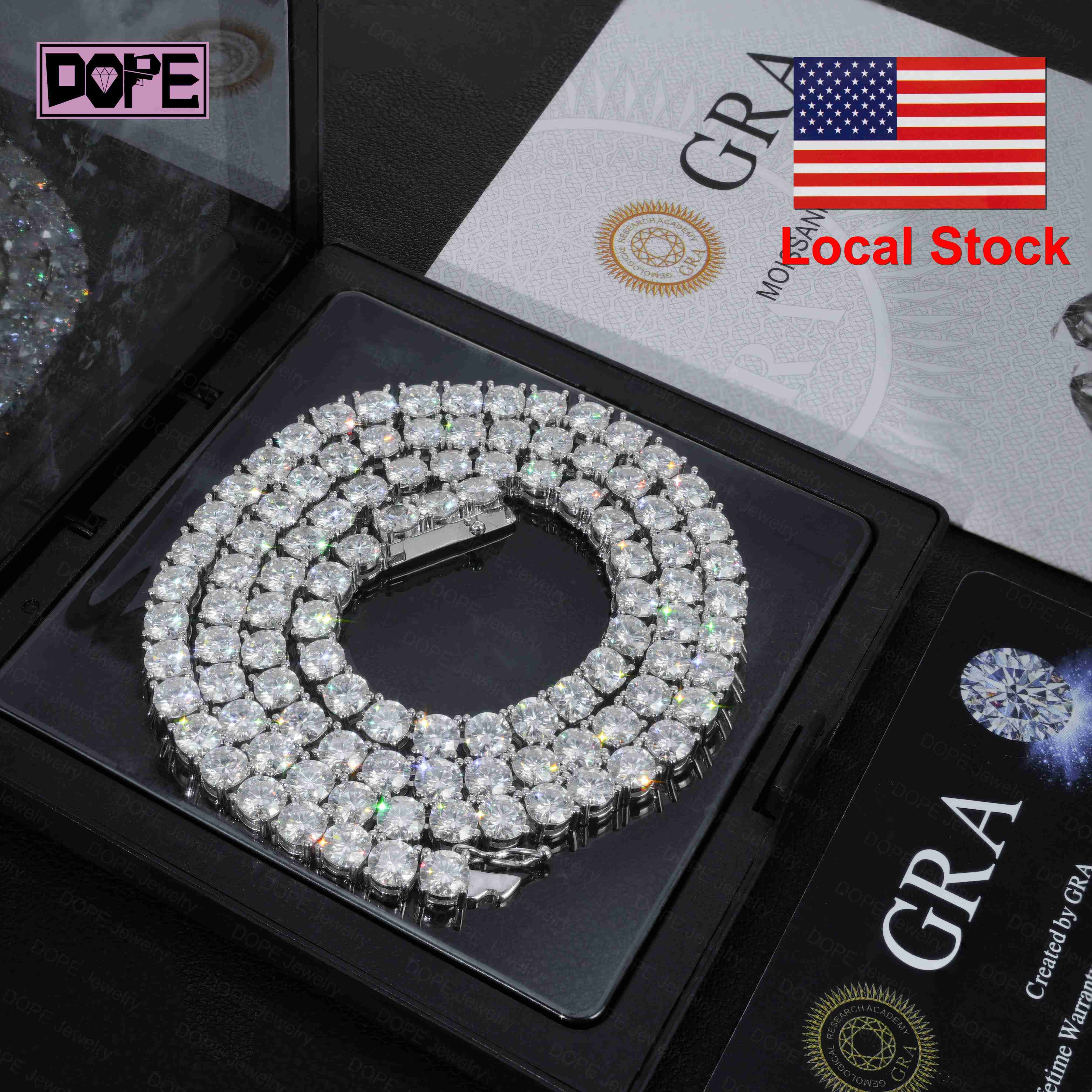 Local Stock 3mm Moissanite Chain Tennis Necklace 925 Silver Iced Out VVS Diamond Moissanite Tennis Chain