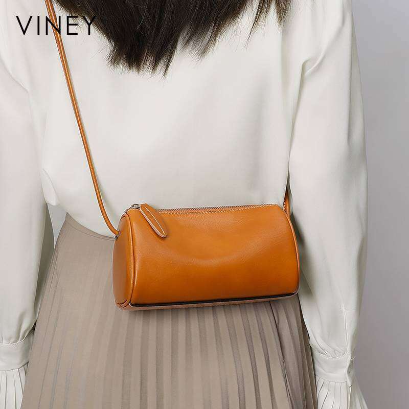 VINEY Ladies 2025 New Messenger Genuine Leather Pillow Cylindrical Women's Fashion Shoulder Bag