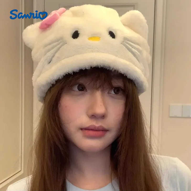 Sanrio Japanese sweet cartoon hellokitty plush hat energetic autumn and winter white Katie girl heart ear protection hat L250919