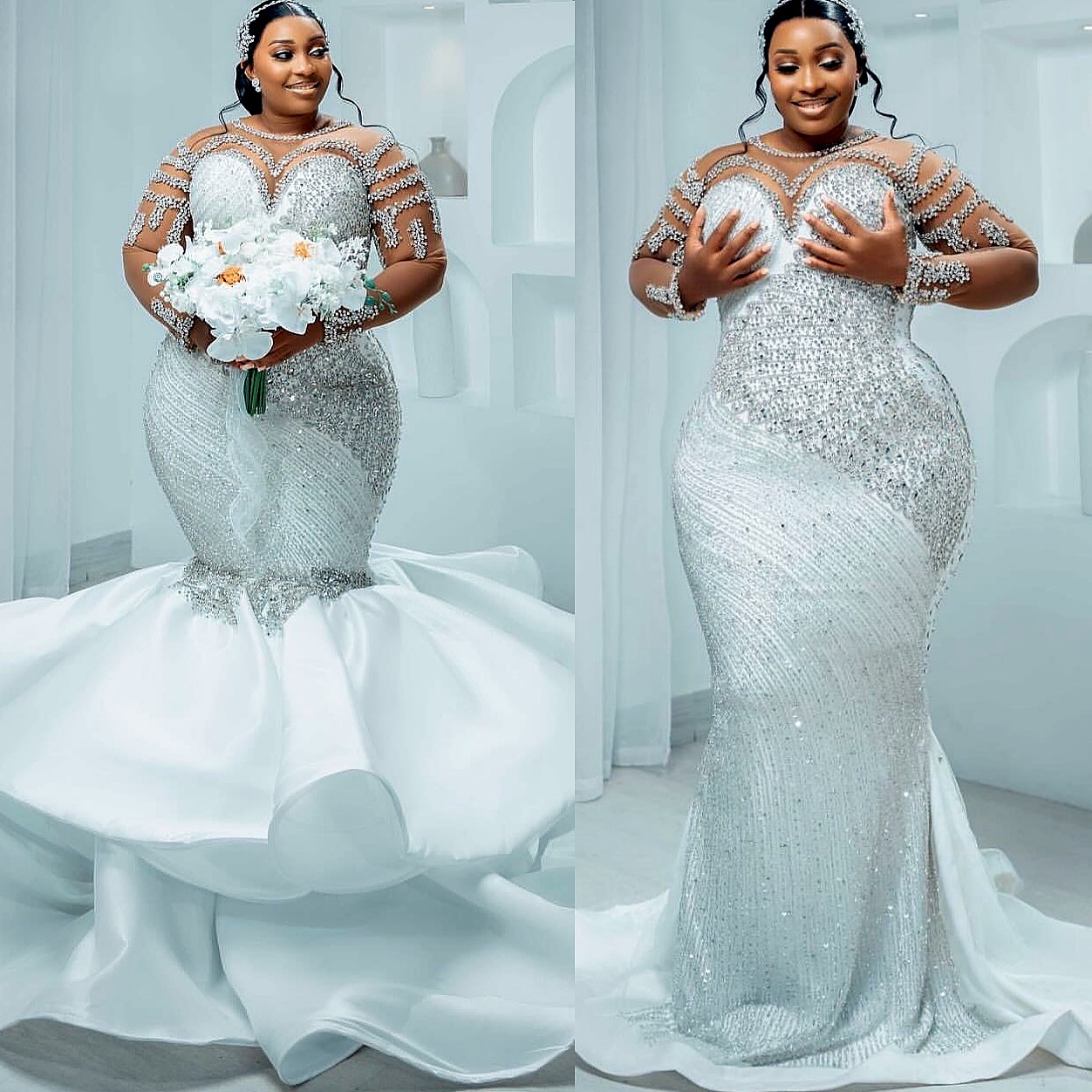 2025 Aso Ebi Plus Size Ivory Mermaid Wedding Dress Beaded Crystals Sequined Detachable Train Sparkly Bridal Gowns Dresses ZJ0469