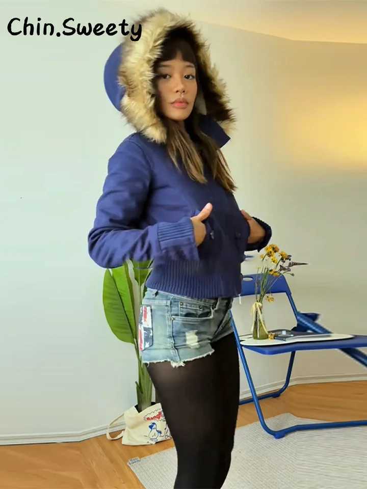 Vintage Womens Cropped Hooded Coats Fur Collar Full Sleeve Single Breasted Pocket Jacket 2025 Autumn Lady Y2K Warm Outwears New Z250918