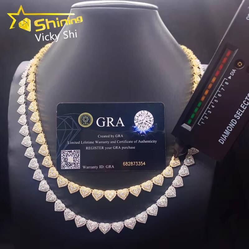 Hot Sale Heart Shape Iced Out Hip Hop Necklace 925 Solid Silver Gold Plated Vvs Moissanite Cuban Link Chain Necklace