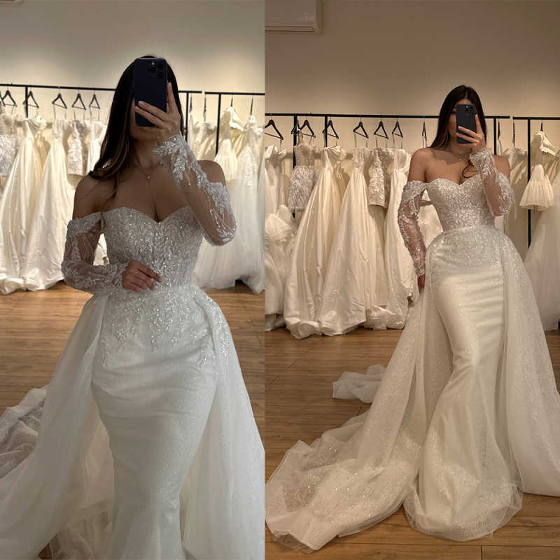 Exquisite Mermaid Wedding Dresses Off Shoulder Long Sleeve Sequins Bride Dress Fashion Sweep Train Bridal Dress Customized
