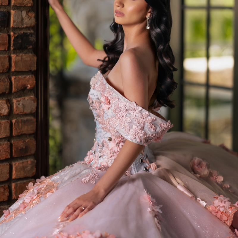Pink Quinceanera Dresses Off The Shoulder Applique Flower Beading Crystal Tull Party Birthday Sweet 16 Dress Vestidos De 15 Anos