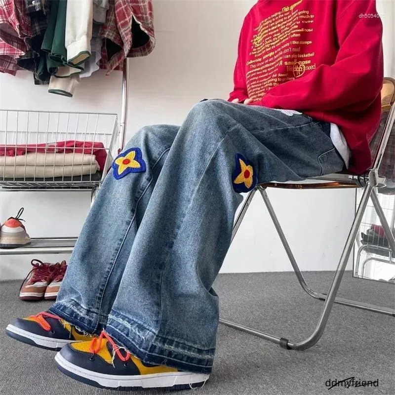 Men's Hoodies Autumn Flower Embroidery Jeans Hip Hop Fashion Baggy Denim Trousers Women's Vintage Streetwear Blue Straight Jean ddmyfriend