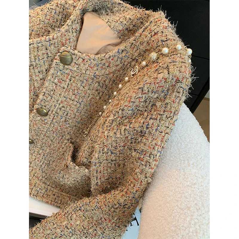 Vintage Tweed Jacket Women Elegant Cropped Coat Korean Long Sleeve Outerwear Fall Winter Ladies Single Breasted Chic Blazer New Z250918