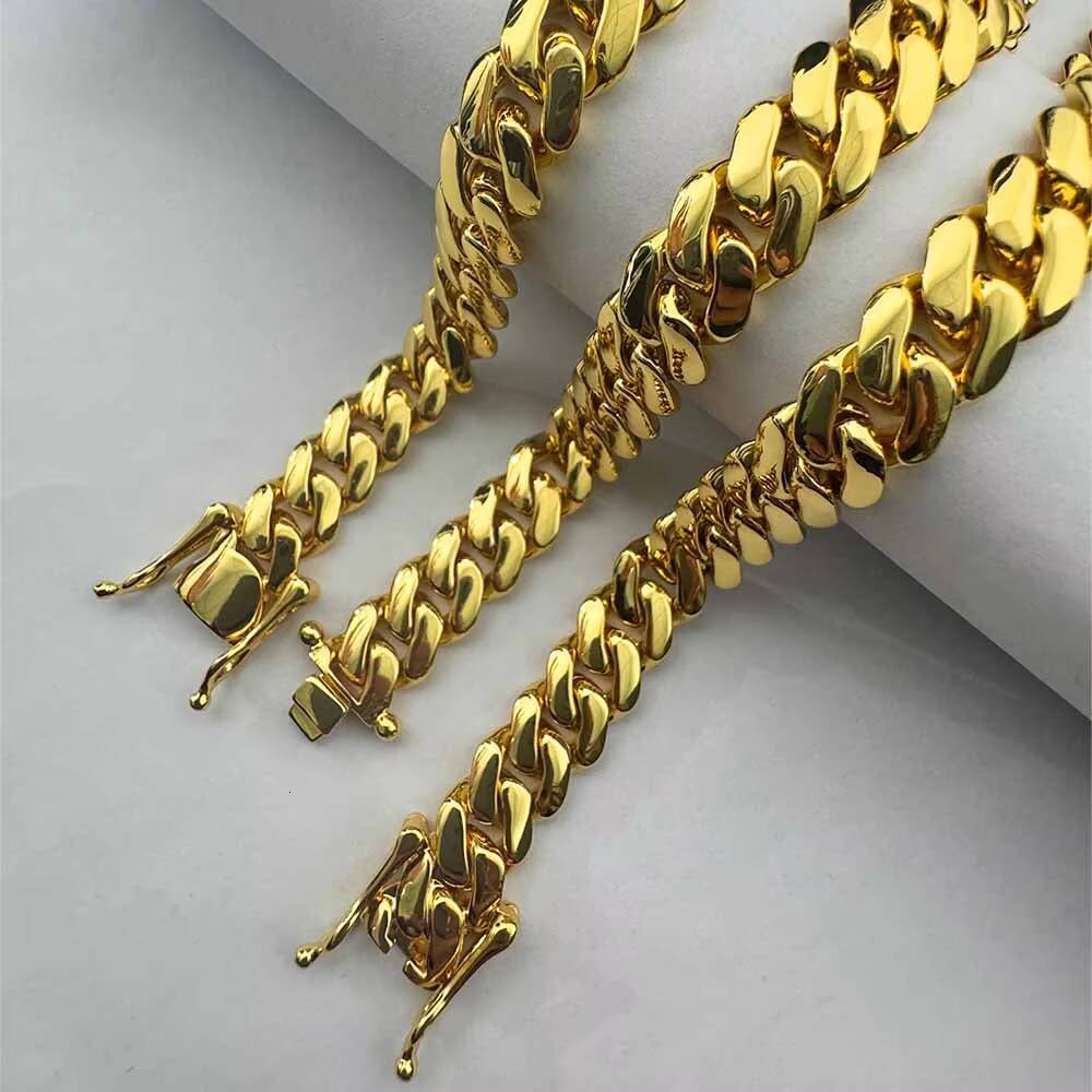 14K Gold Plating Hiphop Cuban Chain Copper Alloy Men Necklace 10mm 12mm Plain Miami Cuban Link Chain
