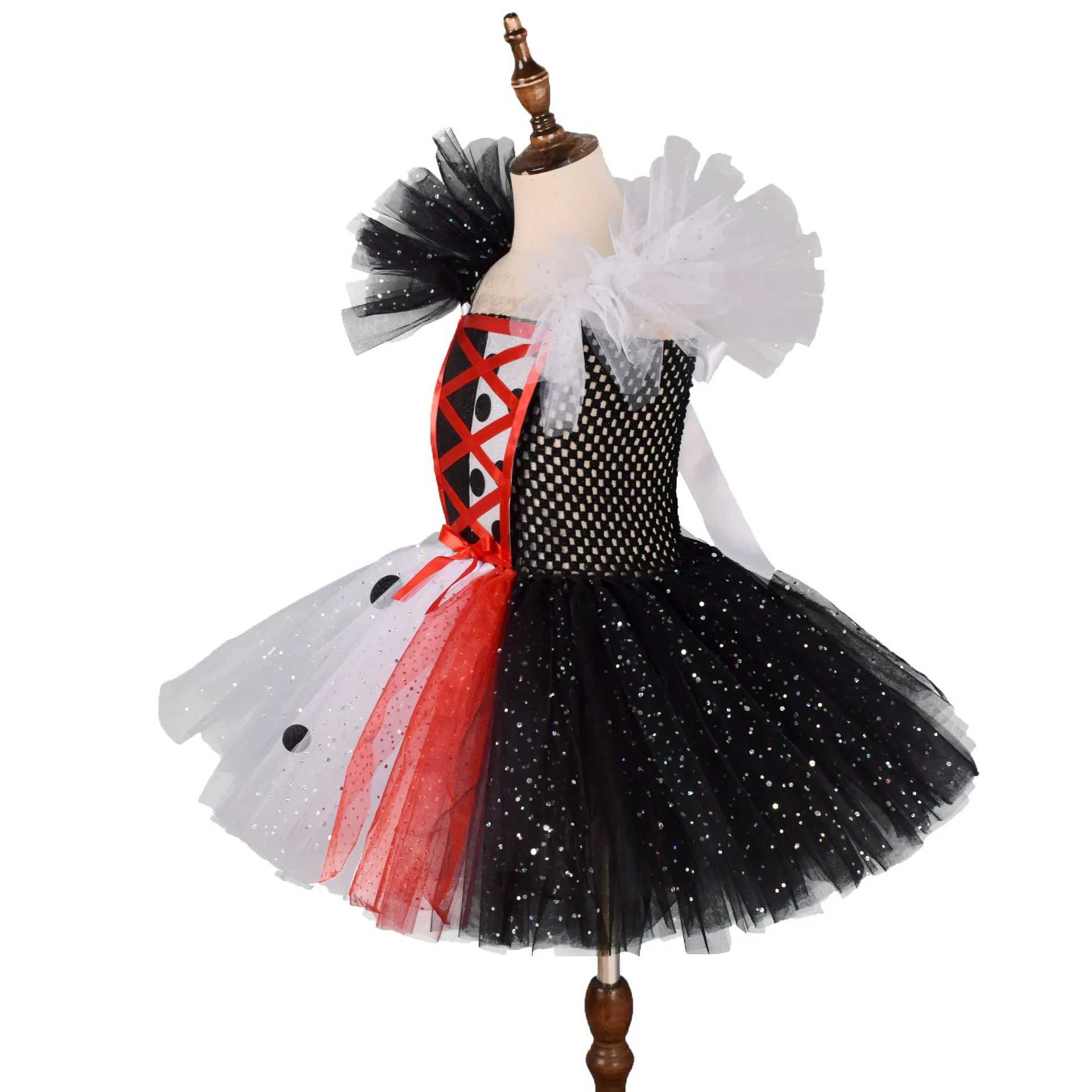 2025 Classic Girl Cosplay Clown Pure White Black Princess Puffed Skirt Halloween Easter Festival Party Dress Accessories Set L250918