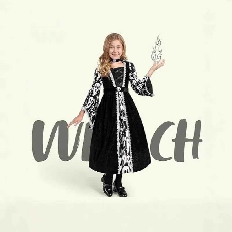 Halloween Witch Kids Cosplay Costume Black Dark Print Luminous Dress Children Girls Dress Up Masquerade Role Play Suit L250918