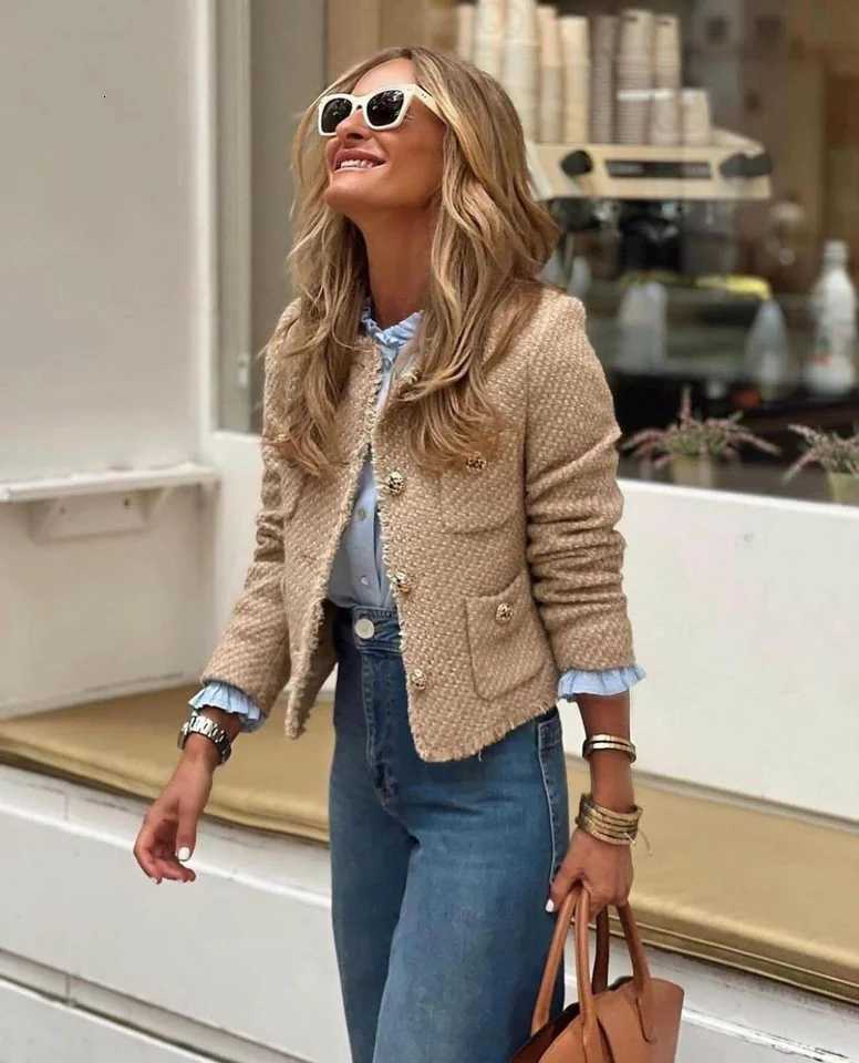 Chic Female Tweed Basic Jacket Coat Women Clothing Woolen Outerwear Long Sleeve Front Button Female Outerwear Chic Tops Z250918