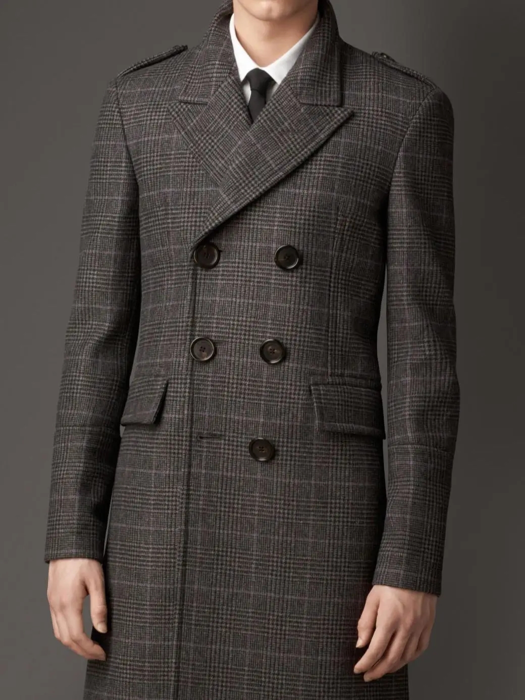 Double Breasted Mens Woolen Overcoats Long Jacket Check Plaid Groom Party Prom Tuxedos Coat Business Wear Outfit One Piece