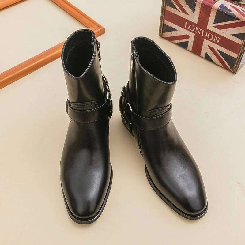 Autumn Fashion Brand Breathable Outdoor Cowboy Boots Classic Black Men Comfortable Side Zipper Pointed High Top Leather Shoe