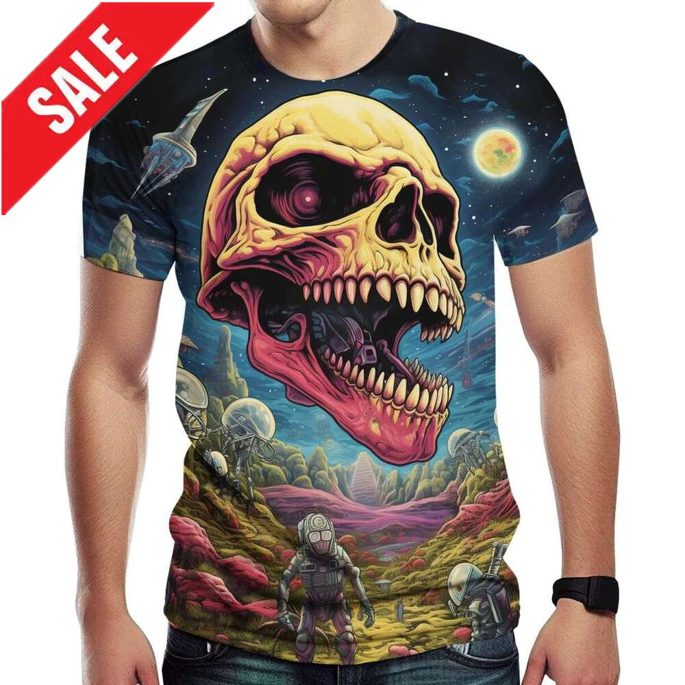Halloween Mens T Shirt Dinosaur Skull T-Shirts For Men 3D Printed Psychedelic Graphic Shirts Novelty Tee Tshirt Casual Tops Summer Clothes Short Sleev