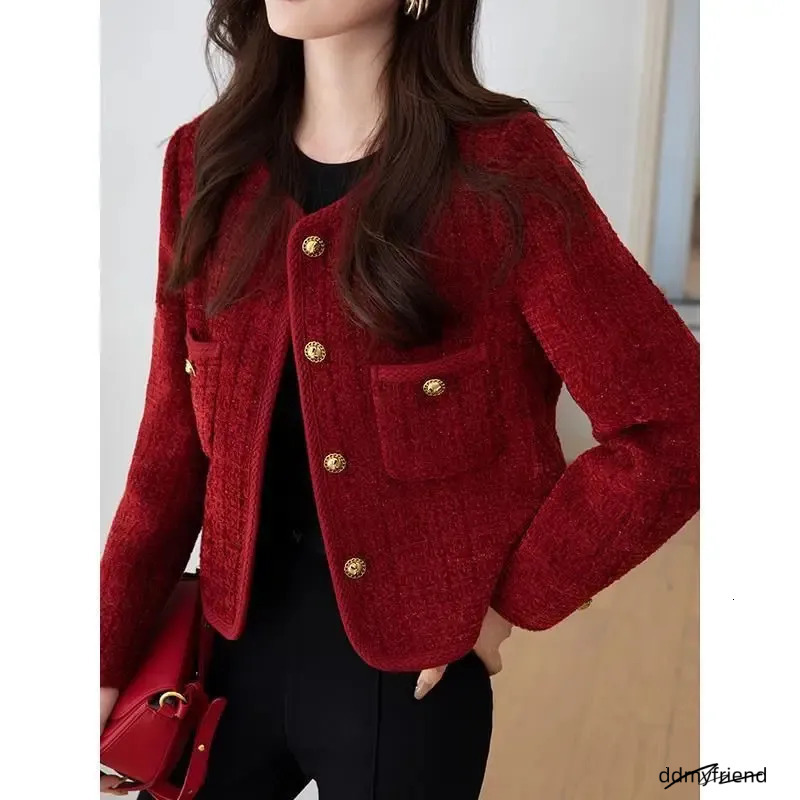 Vintage Tweed Jacket Women Autumn Red Single Breasted Short Coats Pockets Elegant Thickened Warm Female Lady Coat Mujer 240201 ddmyfriend