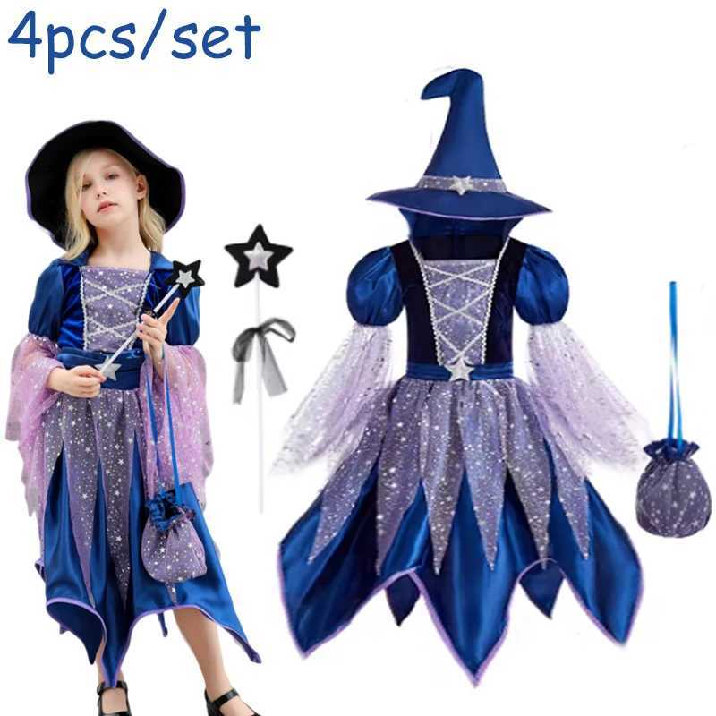 Halloween Girl Cosplay Elf Princess Costume Kids Witch Elegant Fantasy Children Carnival Disguise Witch Party Dress Hat Wand Bag L250918