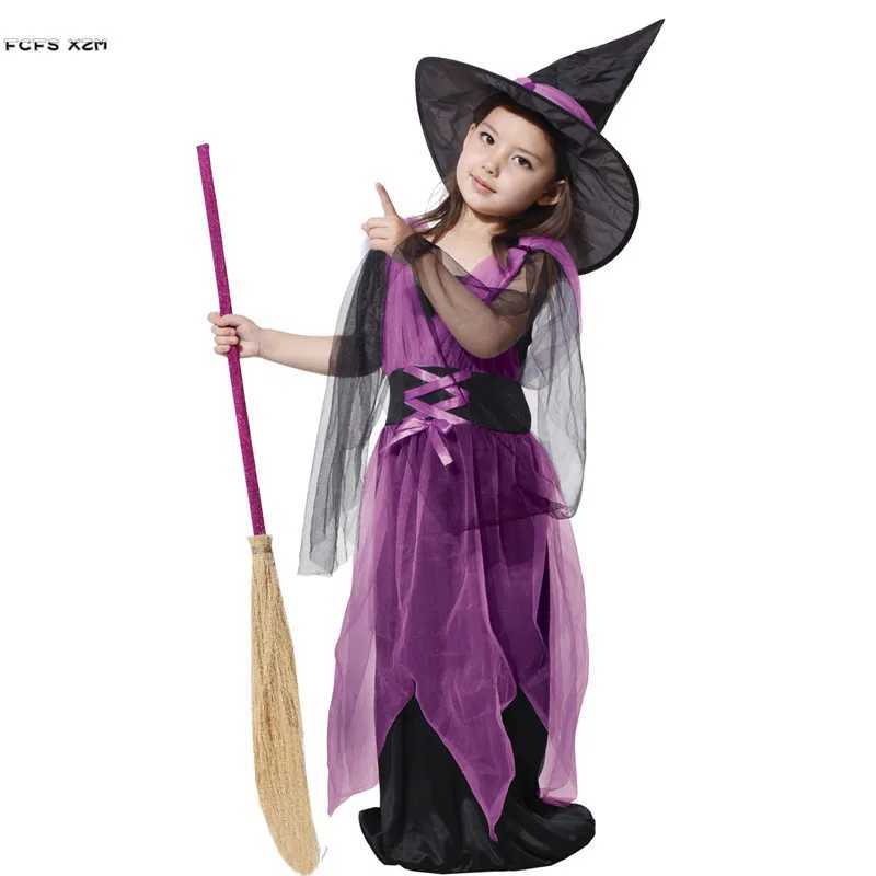 Purple Gothic Girls Halloween Witch Costumes Kids Children Sorceress Cosplay Carnival Purim Stage Show Role Play Party Dress L250918