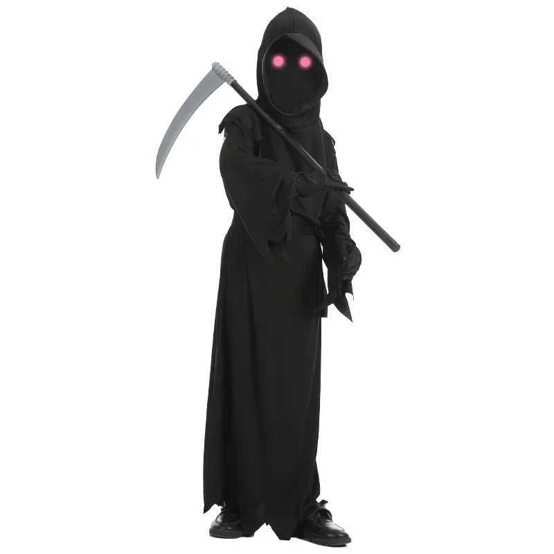 Halloween Red Eye Grim Reaper Scary Costume Child Black Devil Dark Ghost Cosplay Hooded Robe Sickle Gloves Play Props L250918