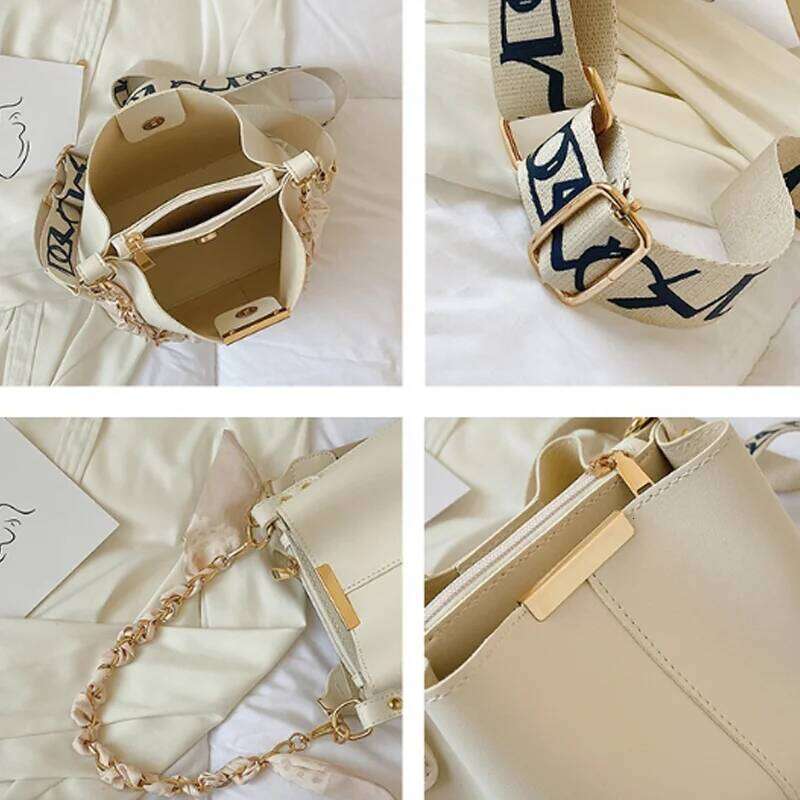 New Fashion Women Shoulder Large Capacity Ribbon Chain Bucket Crossbody Bag Daily Commuting