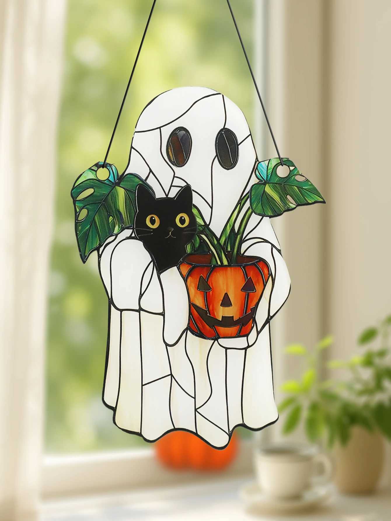 White Halloween Ghost Window Hanging Acrylic Black Cat Pumpkin Shaped Plant Pot Room Pendant for Home Garden Wall Decor Gift C250919