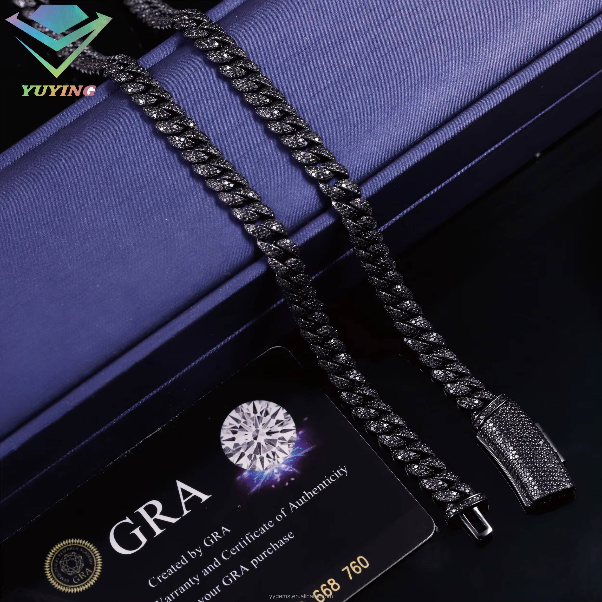 Mystic Black Gold Plated Black Moissanite Diamond Full Iced Out 6mm Wide 2Rows Cuban Link Chains for Men Fashion Silver Jewelry