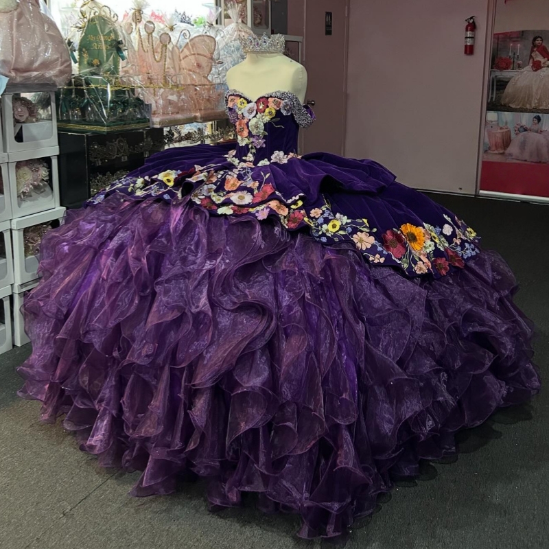 Purple Shiny Quinceanera Dresses Off The Shoulder Applique Lace Beads Tiered Tull Party Birthday Sweet 16 Dress Vestidos De 15 Anos