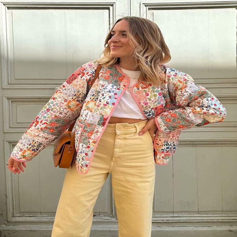 ZBZA Womens Quilted Floral Print Jacket Vintage Crew Neck Singlebreasted Double Pocket Loose Outerwear Winter Female Chic Coat 250923