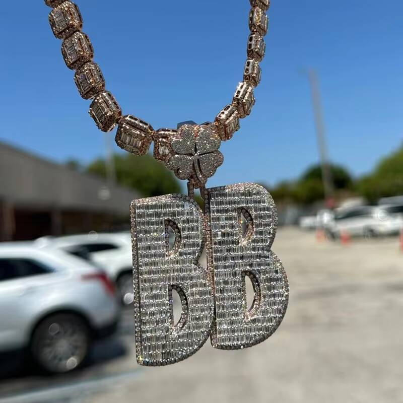 Fashion Hip Hop Jewelry Mens Miami Cuban Chain Custom Letter Clasp 925 Sterling Silver VVS Baguette Moissanite Diamond Pendant