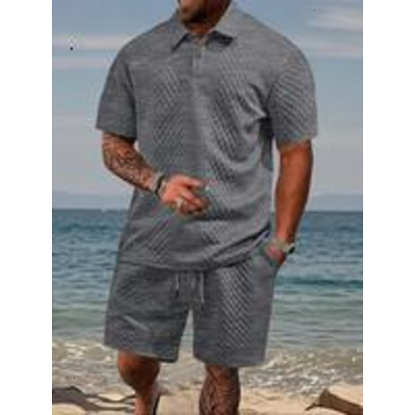 Solid Jacquard Short Sleeve Tee Shorts Set, Loose Casual Round Neck T-shirt & Shorts, Men's Summer Clothes for Beach Vacation