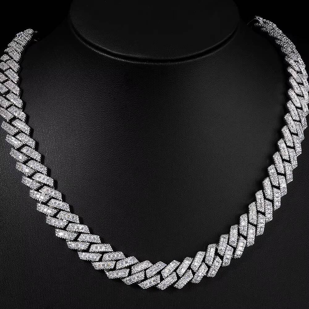 NUOYA 14MM Heavy Cuban Link Chain Necklace Iced Out Mixed Inlay Baguette Round Moissanite Prong Set Silver Plated Hip Hop Jewelry