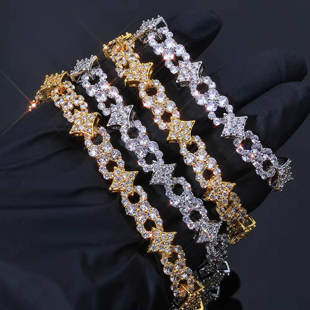 NUOYA Spring Lock Clasp Bracelet Iced Out Moissanite Four Pointed Star Infinity Design Bling Hip Hop Fine Jewelry