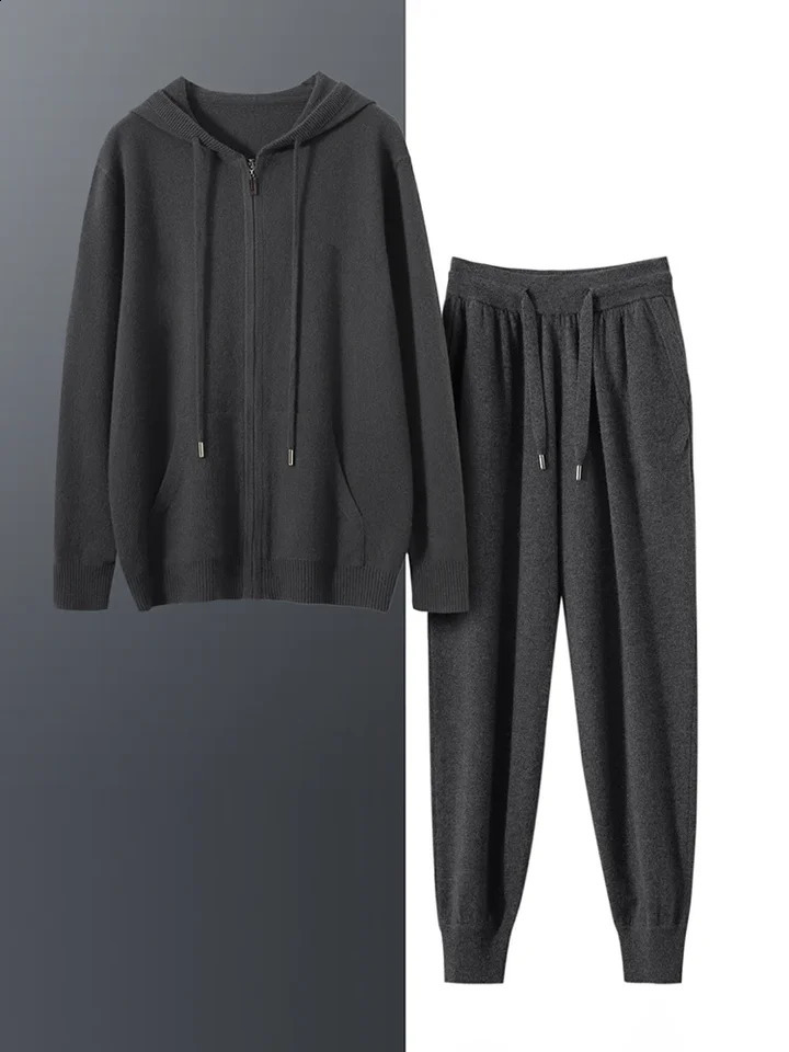 Mens 100 Pure Cashmere Hoodie TwoPiece Set HighEnd Fashion Business Leisure Sports Suit for Autumn And Winter 250916