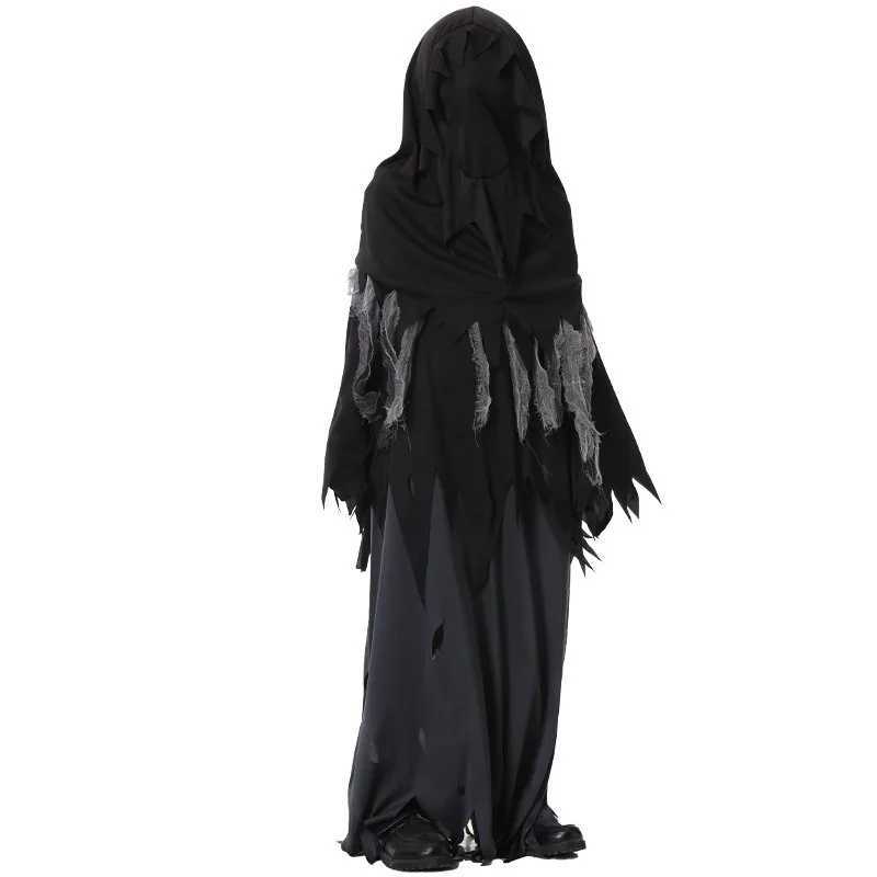 Halloween Children Cosplay Costume Torn Cloth Ghost Long Black Robe Red Glasses Sickle Pumpkin Bag Suit Terror Roleplay Outfits L250918