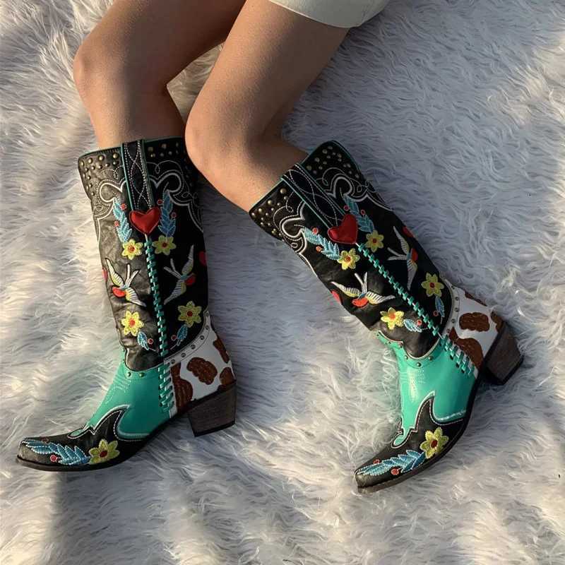 Embroidered Leather Womens Western Cowboy Boots For Country Riding Dance Party Leather Boots W250919